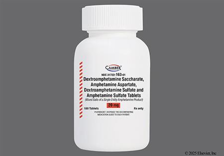 Amphetamine/Dextroamphetamine Salts 20mg Tablet package photo