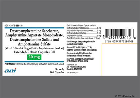 Amphetamine/Dextroamphetamine Salts 20mg Extended-Release Capsule package photo