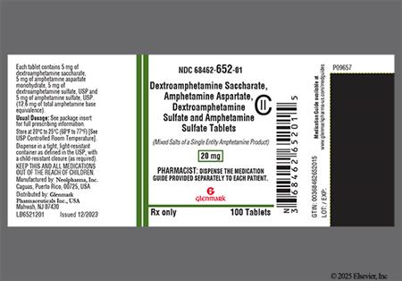 Amphetamine/Dextroamphetamine Salts 20mg Tablet package photo