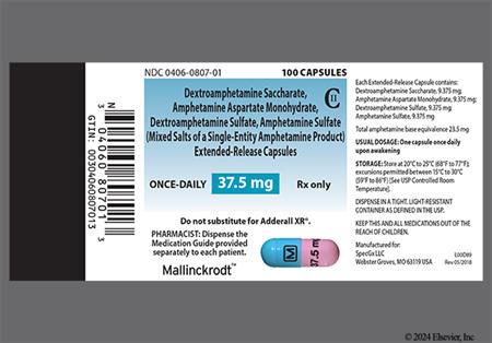 Amphetamine/Dextroamphetamine Salts 37.5mg Extended-Release Capsule package photo