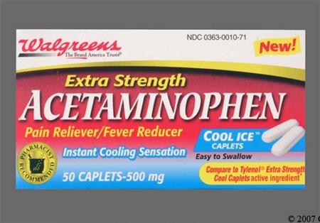 Walgreens Acetaminophen Extra Strength 500mg Cool Ice Caplet package photo