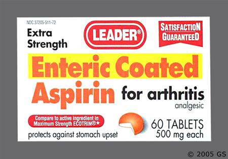 Leader Aspirin 500mg Maximum Strength Enteric Coated Tablet package photo