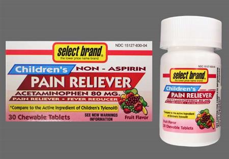 Select Brand Children's Pain Reliever 80mg Chewable Tablet package photo