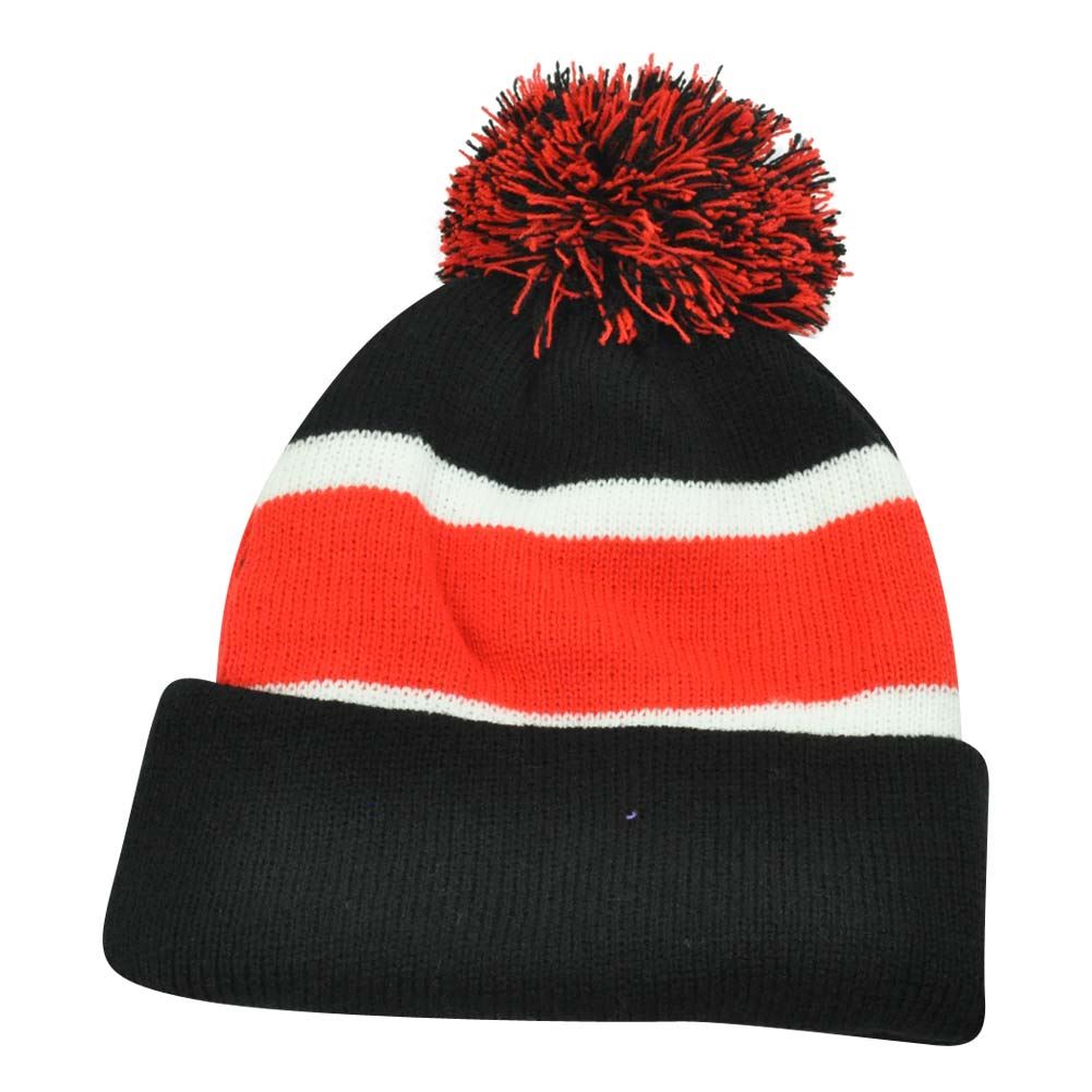 Plain Blank Striped Cuffed Thick Beanie Pom Pom Knit Skully Black Red