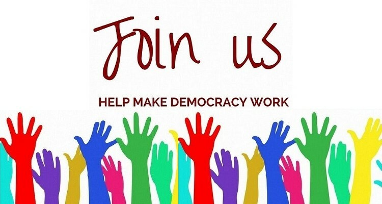 Raised hands. "Join us. Help make democracy work."