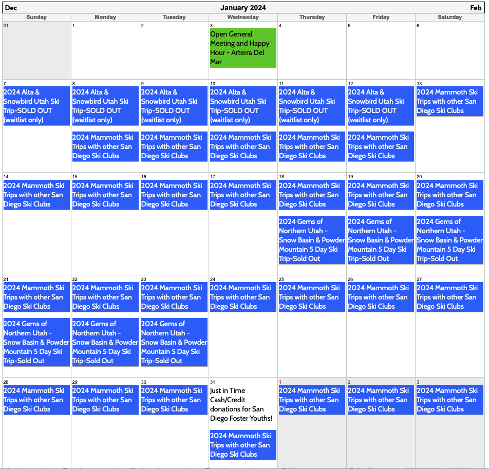 All Club Calendars San Diego Council of Ski Clubs