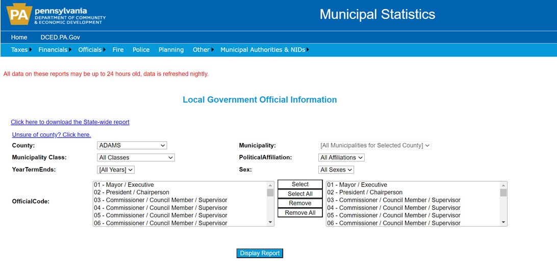 Municipal Stats Web page- Local Officials