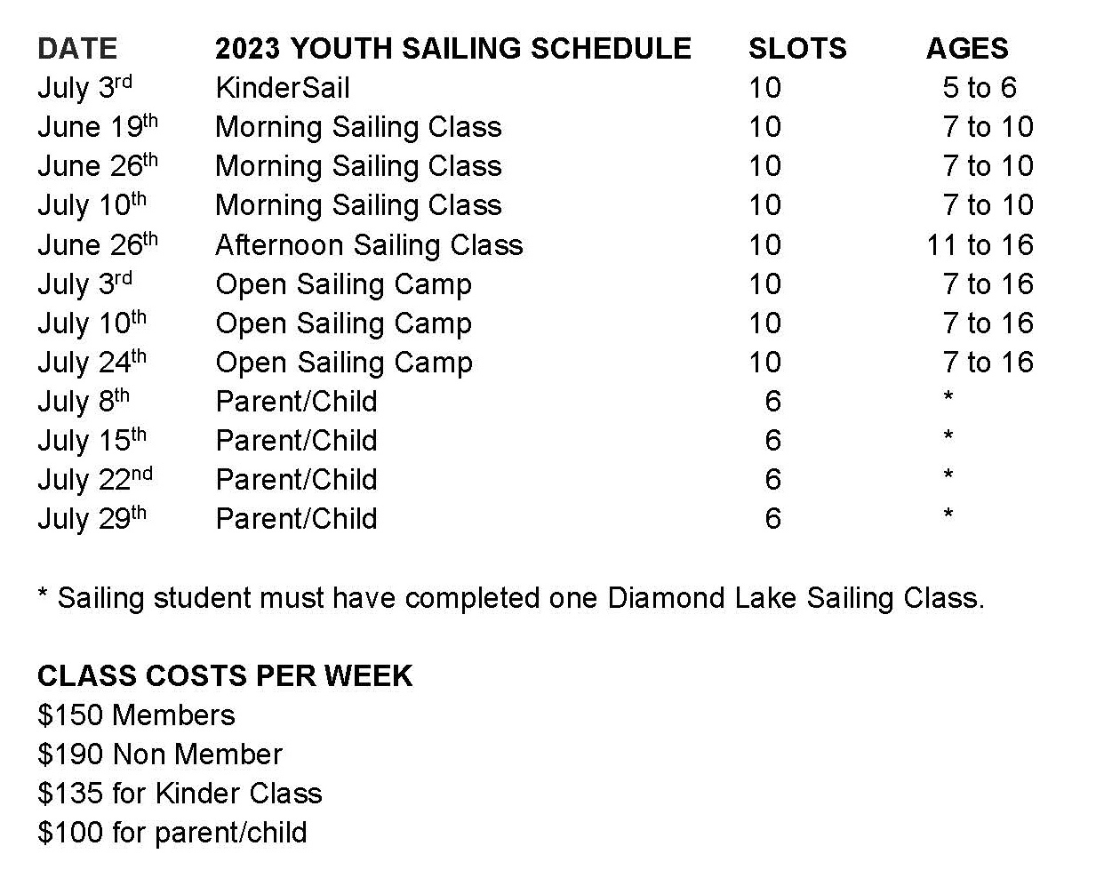Sailing Classes Diamond Lake Yacht Club
