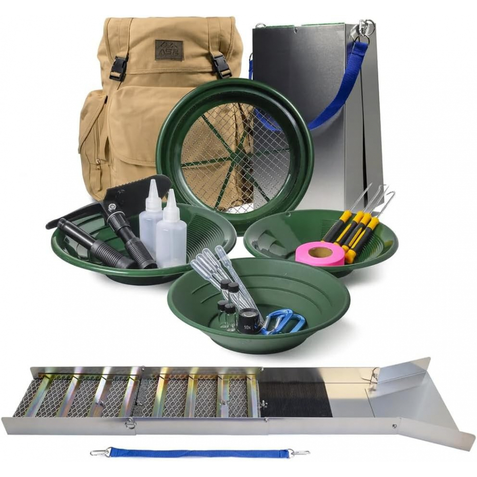 The ASR Outdoor Deluxe 24pc Gold Panning Kit w/ 50" Folding Sluice Box is a complete backpack prospecting set - everything you need to start finding