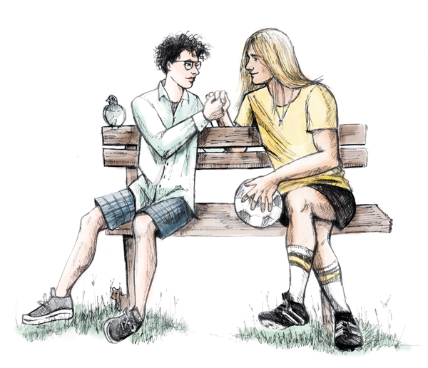 Elan and Rafa on bench in color