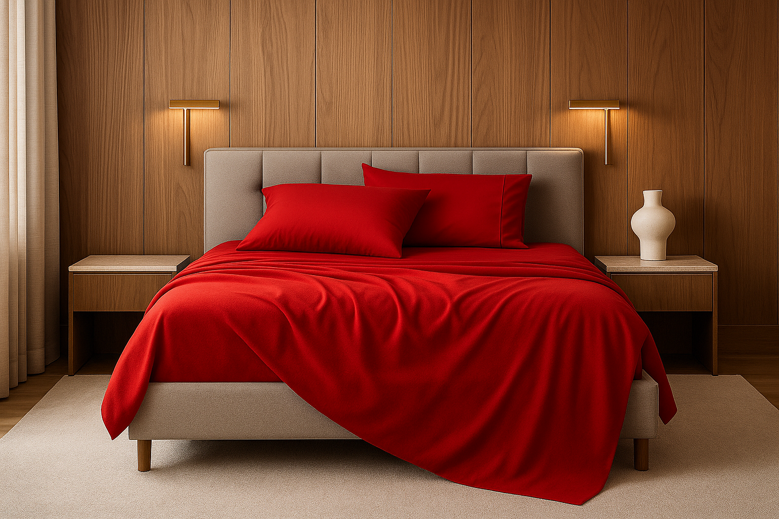 Juego de sábanas unicolor rojo elegante en dormitorio moderno
