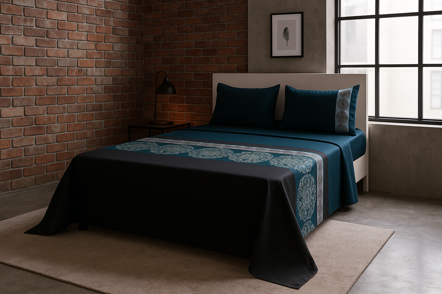 Juego de sábanas diseño urbano en tonos teal y gris con mandalas, en un dormitorio tipo loft de ladrillo a la vista