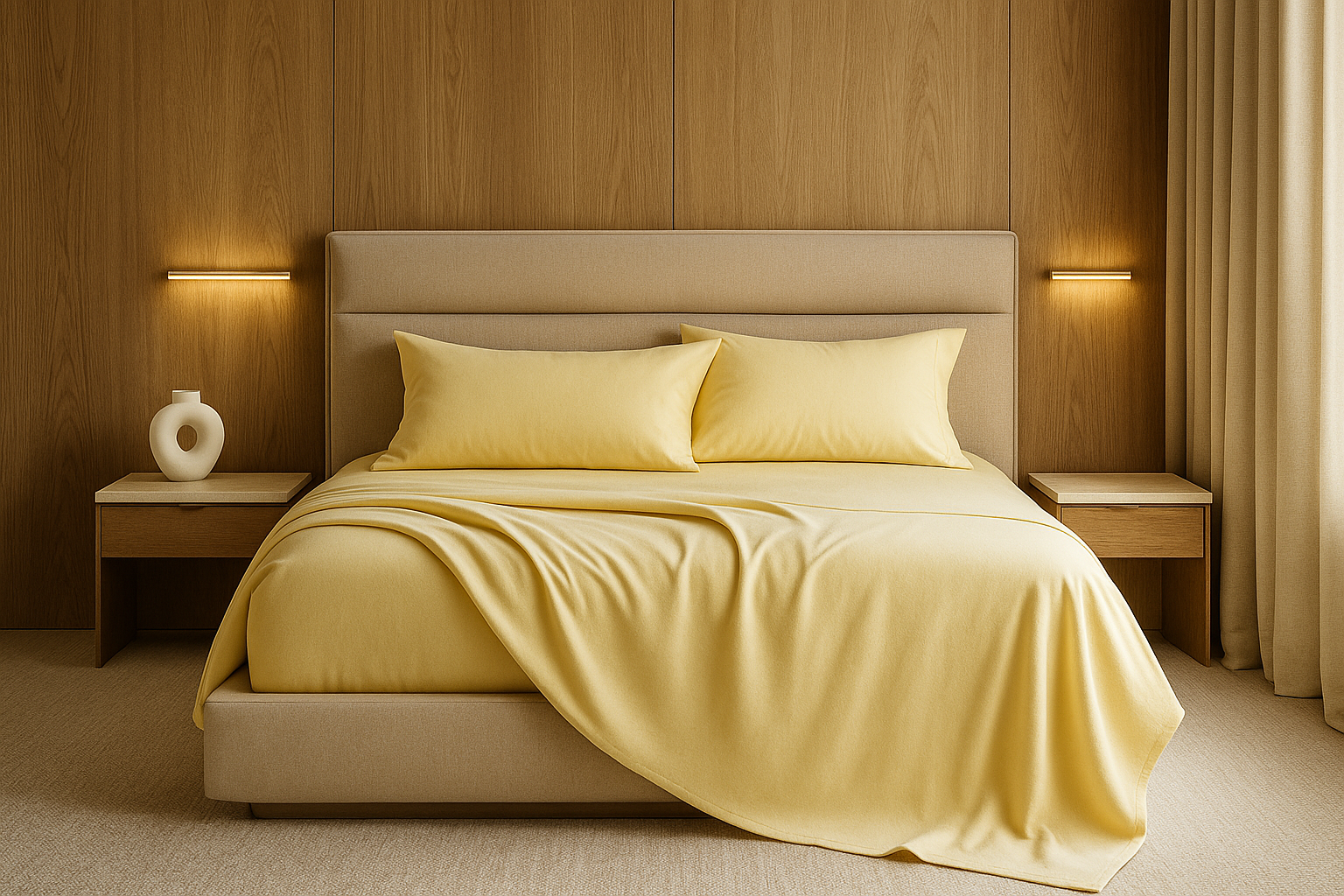 Sábanas unicolor en dormitorio elegante con tonos neutros