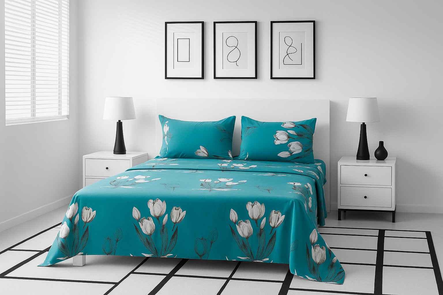Dormitorio monocromático con sábanas turquesa y tulipanes blancos y decoración minimalista
