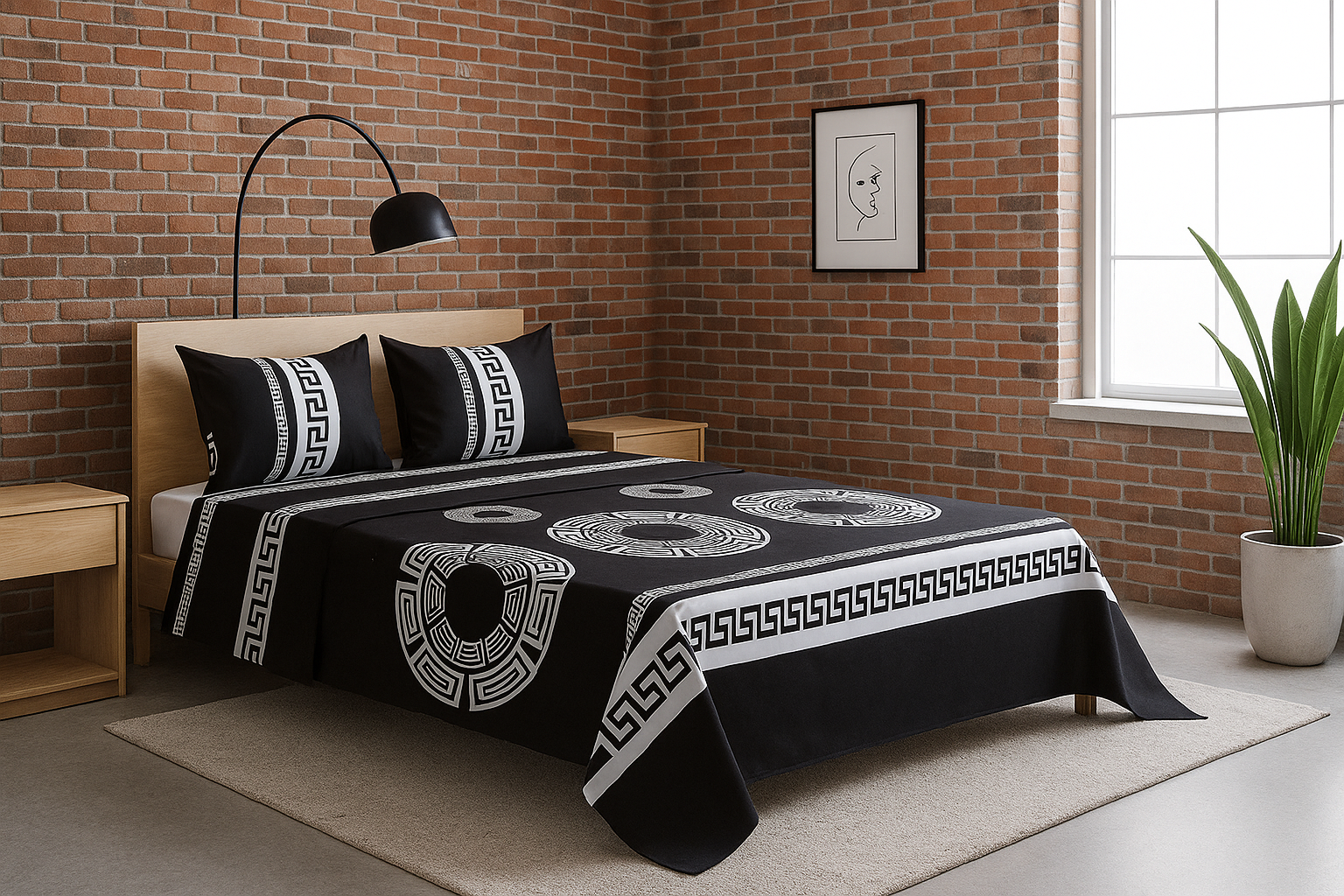 Habitación tipo loft con sábanas negras y blanco con diseño greca griega y pared de ladrillo