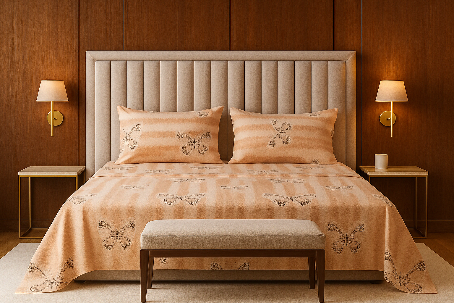 Habitación elegante con juego de sábanas beige con mariposas en tonos dorados y cabecera acolchada