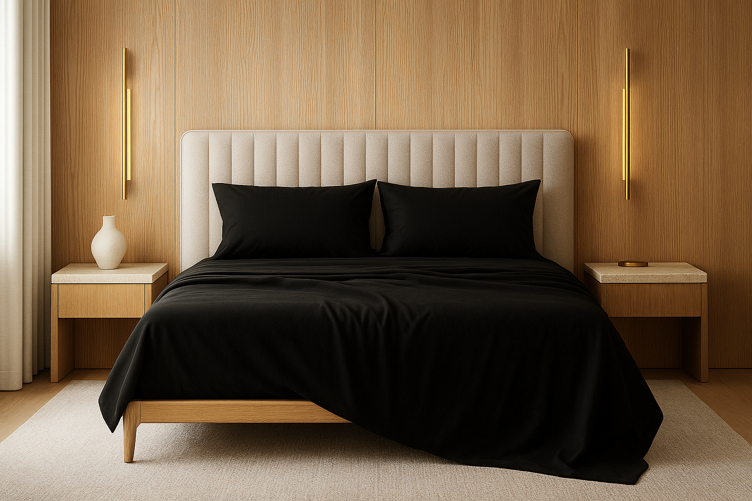 Juego de sábanas unicolor en dormitorio de madera eucalipto - vista principal