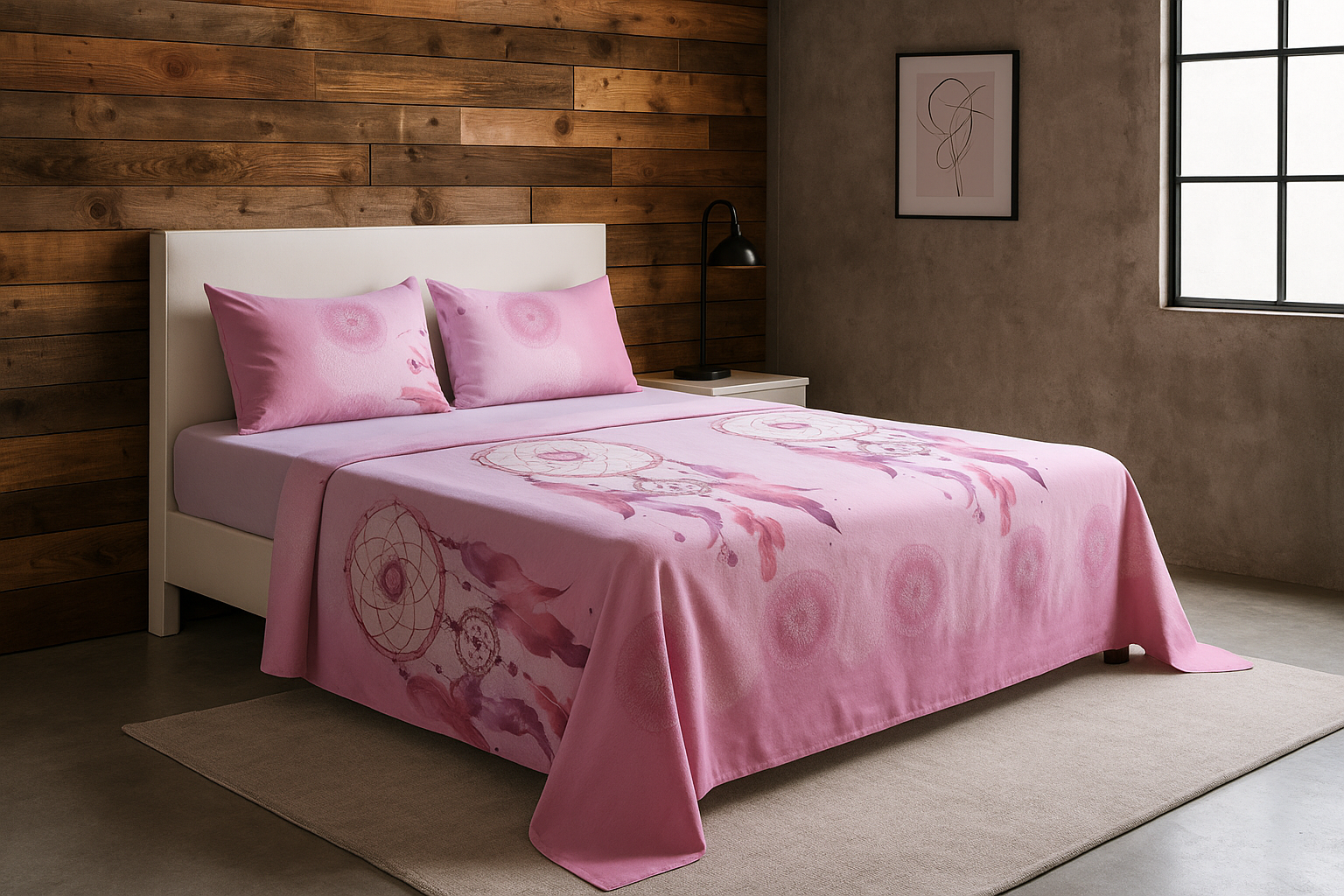 Juego de sábanas rosado con atrapasueños estilo acuarela en un dormitorio loft con muro de madera