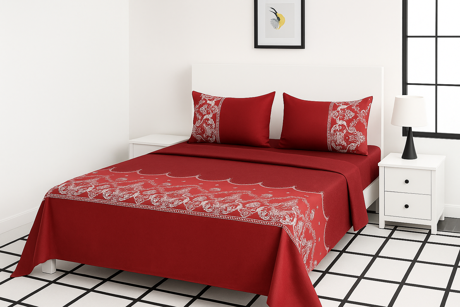 Dormitorio elegante con juego de sábanas rojas con estampado blanco de inspiración oriental