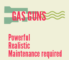The last type of airsoft guns are gas guns that use pressurized gas such as green gas, propane or CO2 to propel BB's. They are not complex as AEG's but not as simple as spring guns. Thier operation is essentially a cockable hammer that taps a gas valve to allow a burst of pressurized gas to propel a BB. This semi-complex amount of parts allow for semi-automatic fire and sometimes even fully automatic fire. However because of the nature of presssurized gasses like propane or green gas, thier performance may not be consistent and can run into issues if a single leak from a bad seal. 