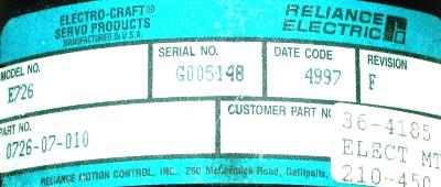 RELIANCE ELECTRIC 0726-07-010 label image