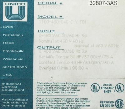 Unico, Inc. 1100-460-040-C-Y-F01 label image