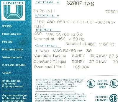 Unico, Inc. 1100-460-050-C-Y-F01-C01-803793-TU17 label image