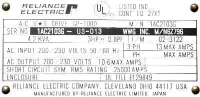 RELIANCE ELECTRIC 1AC2103G label image