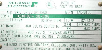 RELIANCE ELECTRIC 1AC4010U label image