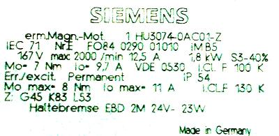 New Refurbished Exchange Repair  Siemens Motors-DC Servo 1HU3074-0AC01-Z Precision Zone