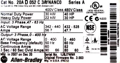 Allen-Bradley 20AD052C3AYNANC0 label image