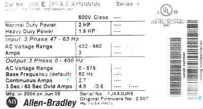 Allen-Bradley 20AE2P7A0AYNNNNN label image