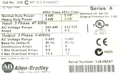 Allen-Bradley 20BC8P7A0AYNANC1 label image