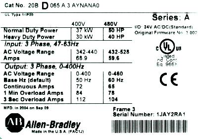 Allen-Bradley 20BD065A3AYNANA0 label image