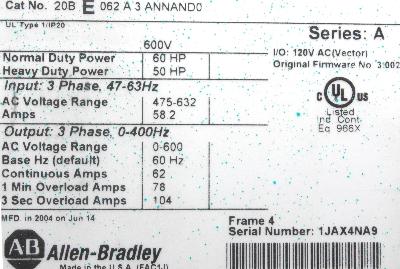 Allen-Bradley 20BE062A3ANNAND0 label image