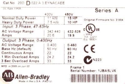Allen-Bradley 20DD022A3EYNACAEE label image