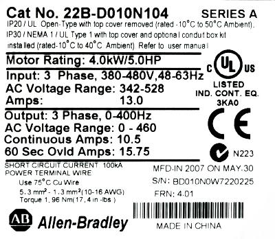 Allen-Bradley 22B-D010N104 label image