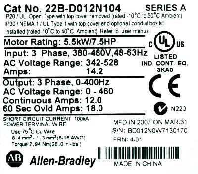 Allen-Bradley 22B-D012N104 label image