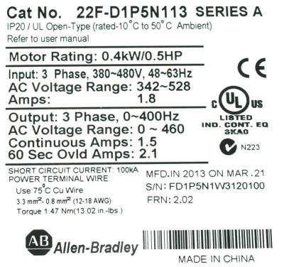 Allen-Bradley 22F-D1P5N113 label image