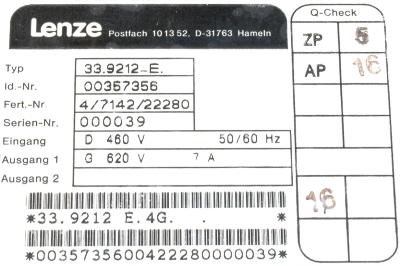 LENZE 33.9212-E label image