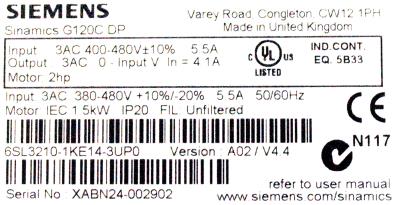Siemens 6SL3210-1KE14-3UP0 label image
