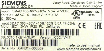 Siemens 6SL3210-1KE14-3UP1 label image