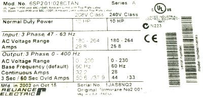 New Refurbished Exchange Repair  RELIANCE ELECTRIC Inverter-General Purpose 6SP201-028CTAN Precision Zone