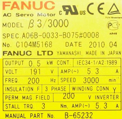 Fanuc A06B-0033-B075-0008 label image