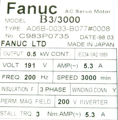 Fanuc A06B-0033-B077-0008 label image