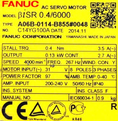 New Refurbished Exchange Repair  Fanuc Motors-AC Servo A06B-0114-B855-0048 Precision Zone
