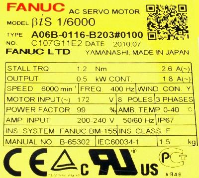 Fanuc A06B-0116-B203-0100 label image