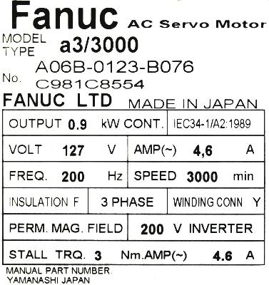 Fanuc A06B-0123-B076 label image