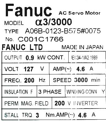 Fanuc A06B-0123-B575-0075 label image
