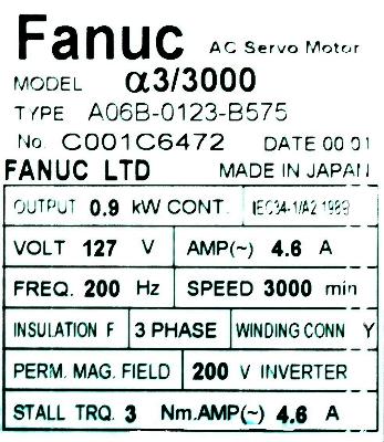 Fanuc A06B-0123-B575 label image